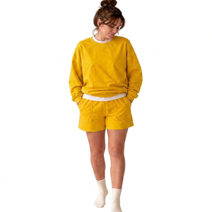 Conjunto de Sudadera y Pantalones Cortos de Algodón Lavado Estilo Vintage para Mujer, Conjunto Informal de Dos Piezas, Ropa de Estar por Casa, Etiqueta Privada Personalizada - Product Image 4