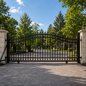 Black Wrought Iron Sliding Driveway <b>Gate</b> with <b>Arched</b> Top Spear Finials Ring Design for Villa Garden Entrance Security - Product Image 4