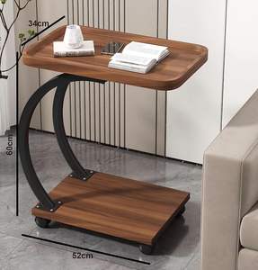 Modern Nordic-Style Design with Wood and Metal C-Shaped Movable 2-Tier <b>Sofa</b> <b>Side</b> <b>Table</b> with Wheels - Product Image 4