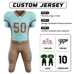 Ensemble de maillot et pantalon de football américain sublimé personnalisé pour homme, col en V, manches courtes, anti-humidité, ajusté, bleu et marron - Product Image 1