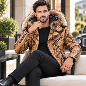 Snake Embossed Leather <b>Jacket</b> Plaid Pattern Breathable <b>Summer</b> Casual <b>Men's</b> Biker Style - Product Image 3