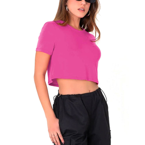 INDEX APPAREL Women's Pink Crop <b>Top</b> Crew Neck Short Sleeve Solid Color Casual Knitted Cotton T-Shirt Spring Summer Wear - Product Image 4
