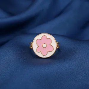 18K Gold Plated Adjustable Daisy Flower Design <b>Ring</b> Pink & White Enamel Brass Finger <b>Ring</b> <b>For</b> Women and <b>Girls</b> Regular Wearing - Product Image 1