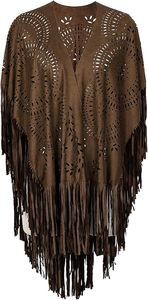 <b>Women's</b> Brown Suede Fringe Shawl <b>Poncho</b> Hollow Out Tassel Cape Bohemian Scarf Long Style for Daily Wear - Product Image 3