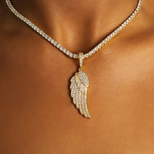 Iced Out <b>Angel</b> Wing Pendant Necklace | Gold Plated Wing Pendant with Tennis Chain | Hip Hop Luxury Necklace for Men & Women - Product Image 3