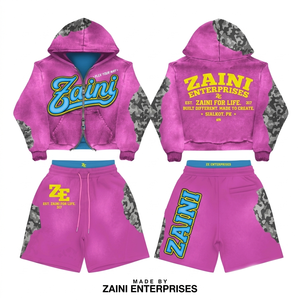 Sudadera con Capucha y Pantalones Cortos de Felpa de Algodón Premium de 340 GSM para Hombre, Transpirable, Lavado Pigmentado, Rosa Sólido, Personalizado Digital - Product Image 1