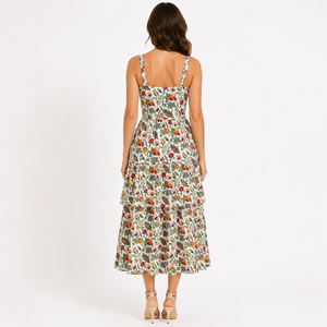 Robe midi en coton tissé à motifs floraux pour femme, sans manches, col carré, imprimée à la main, style décontracté d'été, taille naturelle, vente en gros - Product Image 2