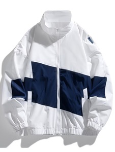 Men's <b>White</b> Navy Color Blocking Racer <b>Jacket</b> Windproof Zipper Closure Sporty Hooded Collar Canvas Front Polyester Autumn Wear - Product Image 1