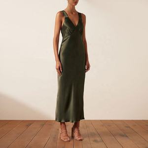 Women Solid Breathable Silk Sheath Backless Criss-cross Fitted Wide Straps V Neck Maxi Dresses Sundress Vintage Summer - Product Image 4