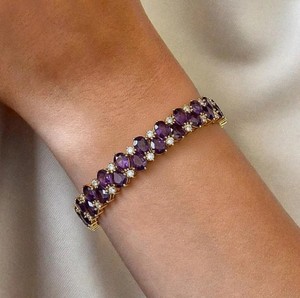 Oval Cut Amethyst and Moissanite Stone <b>Charm</b> <b>Bracelet</b> in 925 Sterling <b>Silver</b> Gold Plated Luxury Handmade Fine Jewelry - Product Image 1