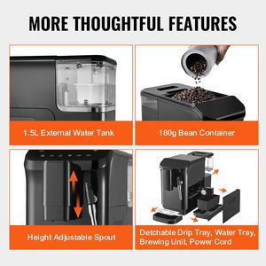 Máquina de Espresso Automática de 20 Bares con Vaporizador, 15 Niveles de Ajuste de Molienda, Función Manual, Opciones de Enchufe para EE. UU. y Australia - Product Image 6