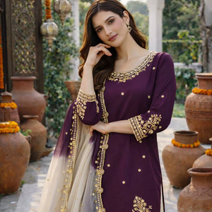 Ensemble Kurti en crêpe français naturel de qualité supérieure avec broderie de sequins de 5 mm et dupatta en organza à imprimé numérique - Product Image 3