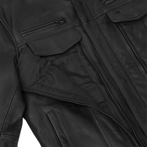 แจ็คเก็ตหนังแท้ผู้ชายแบบสั่งทำพิเศษสำหรับ OEM แบรนด์ส่วนตัว สีดำ คอตั้ง ซิป กระดุม กระเป๋าเสื้อ สำหรับขี่มอเตอร์ไซค์และแข่งรถ - Product Image 4