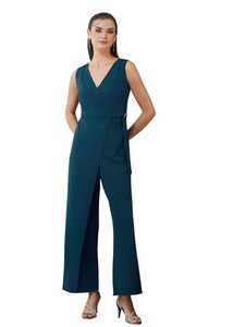 Combinaison longue noire décontractée pour femme, col en V, sans manches, unie, respirante, en polyester, idéale pour l'été - Product Image 1