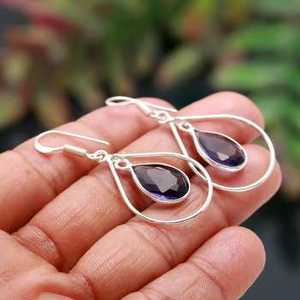 ต่างหูเงินแท้ 925 ทำมือ ประดับพลอยแอเมทิสต์แอฟริกันสีม่วง รูปทรงลูกแพร์ ตัวเรือนแบบ Bezel - Product Image 5