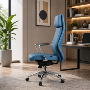 Chaise de bureau exécutive moderne en cuir PU bleu avec accoudoirs réglables et base chromée pour usage domestique ou professionnel - Product Image 1