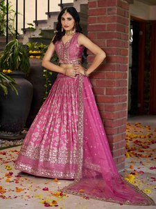 <b>Pink</b> Silk Jacquard Lehenga Choli Set Zari Embroidered Dupatta Floral Party <b>Wedding</b> <b>Dress</b> for Women - Product Image 5