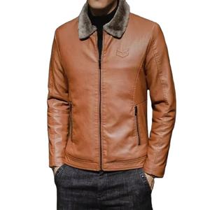 Blouson en cuir haut de gamme pour homme avec col Henry, imperméable, brodé, style vintage, vêtement d'extérieur pour l'hiver, moto, logo sur le devant - Product Image 1