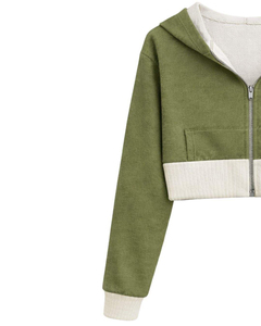 Womens <b>Cropped</b> <b>Zip</b> <b>Up</b> Hoodie Olive Green And Cotton Fleece Color Block Hooded Sweatshirt Casual Streetwear Ladies Jacket - Product Image 6