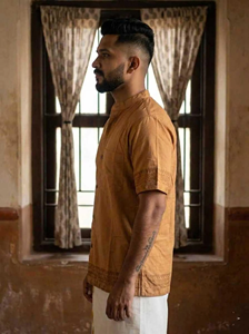 Handcrafted <b>Men</b>’s Khadi Cotton <b>Short</b> <b>Kurta</b> Traditional Indian Ethnic Wear with Mandarin Collar and Intricate Sleeve - Product Image 2