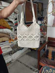 Bolso Tote Bohemio de Macramé y Ganchillo de Algodón con Patrón de Rejilla de Diamantes, Dos Asas de Hombro, Parte Superior Abierta, Hecho a Mano para Playa, Casual para Mujer - Product Image 4