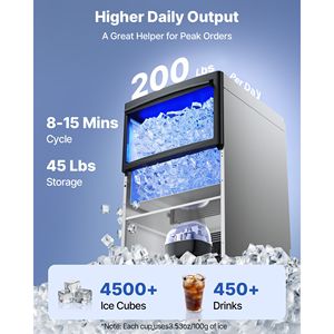 Attrezzatura di Refrigerazione per Cucine Commerciali, Macchina per il Ghiaccio in Acciaio Inox, Produzione 200 Libbre/24h, Capacità di Stoccaggio 50 Libbre - Product Image 2