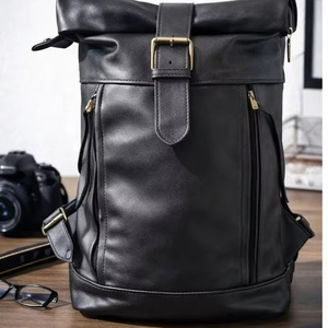 Top Grain Genuine <b>Leather</b> Roll Top <b>Backpack</b> Premium Quality Laptop Bag Water Resistant Outdoor Travel Pack LRTB-0116B - Product Image 1