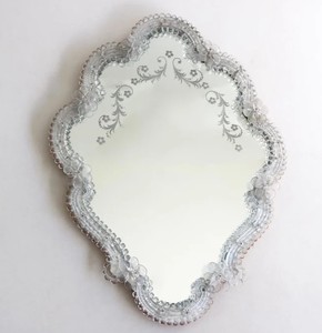 Espejo de Cristal de Murano Veneciano Italiano, Grabado a Mano, con Flores Hechas a Mano y Sopladas - Product Image 1