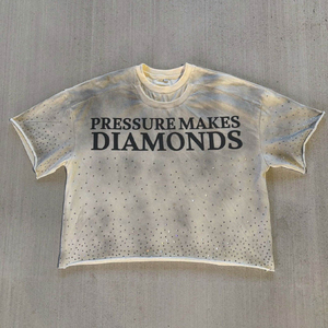 T-shirt Huili Vintage Wash 100% Coton épais, col rond double épaisseur, imprimé sur mesure, ourlet brut, coupe courte, avec strass pour homme - Product Image 1