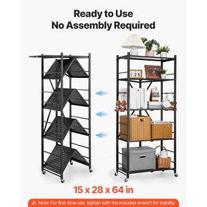 Scaffale Pieghevole a 5 Ripiani 28L X 15P X 64H Pollici, Unità di Stoccaggio in Metallo con 5 Ruote, Organizzatore Senza Montaggio per Alimenti - Product Image 6