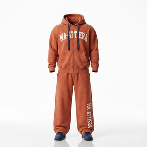Mens Washed Rust <b>Orange</b> Zip Up Hooded Tracksuit Set Graphic Print Streetwear <b>Hoodie</b> and Jogger Pants - Product Image 4