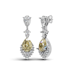 Pendientes Colgantes de Lujo con Diamante Amarillo en Forma de Pera de Oro de 18K y Halo de Racimo de Diamantes Blancos - Product Image 1