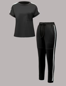 Women 2-Piece <b>Knitted</b> <b>Set</b> Black Short Sleeve Top With Pocket High Waist Pants Sporty Solid Color All Seasons Regular Fit - Product Image 5
