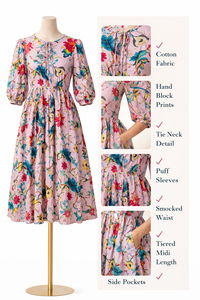 Pink Floral Carry Print Cotton Dress Dori Neck Long Length with Side Pockets Women Casual Hand Block Print Handmade Masterpiece - Product Image 3