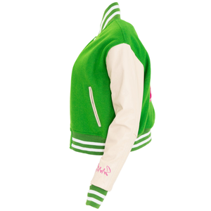 1908 Stacked Green Crop <b>Leather</b> Varsity <b>Jacket</b> Women Embroidered Letterman Bomber Coat <b>Long</b> Sleeve Casual Streetwear Fashion - Product Image 3