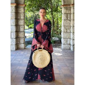 Bohemian Women Maxi Dress Black <b>Red</b> Floral V Neck Long Sleeve Loose Fit Resort Wear Dress - Product Image 1