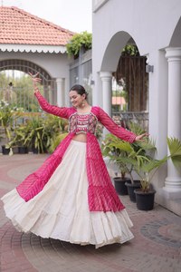 Pink Embroidered <b>Lehenga</b> Choli With Cream <b>Skirt</b> Traditional Indian Wedding Wear For Women Cotton Floor Length Loose Fit - Product Image 1
