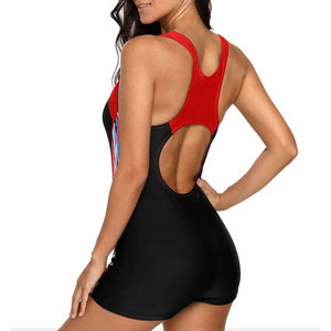 Women's One-Piece Swimsuit With Side Stripe Print Black Red Contrast Binding Tank Top <b>Shorts</b> Style Swimwear - Product Image 3