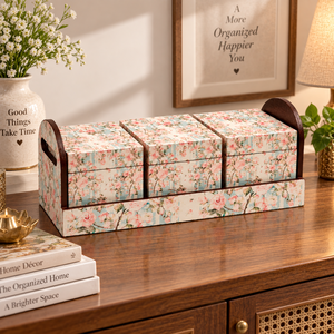 Handcrafted Bohemian Floral Printed Wooden Multifunctional Jewelry Organizer with <b>3</b> <b>Storage</b> Boxes & Decorative Stand - Product Image 6