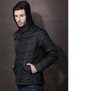 Blouson matelassé noir pour homme, à capuche, fermeture éclair frontale, col montant, coupe ajustée, coupe-vent, en polyester, couleur unie, pour l'hiver - Product Image 5