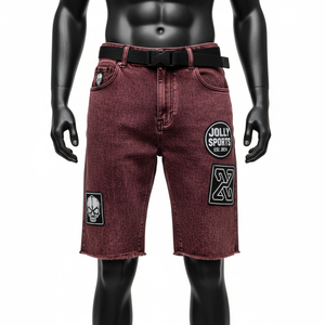 Premium Acid Wash Burgundy Denim <b>Shorts</b> Thick Cotton Denim Raw Hem Custom Chenille <b>Patch</b> Logo Acid wash <b>men's</b> <b>shorts</b> - Product Image 1
