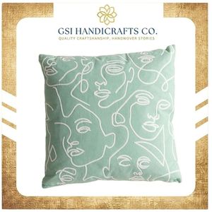 Housse de coussin carrée brodée minimaliste vert menthe en lin et coton lavable, motif portrait, très tendance - Product Image 2