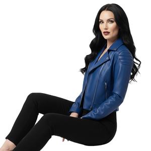 Chaqueta de Motociclista de Cuero Azul Extra Grande para Mujer, Personalizada, al por Mayor, Precio de Fábrica, Estilo Motero Genuino, Chaqueta de Moda para Mujer - Product Image 1