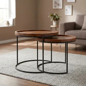 Juego de 2 Mesas de Centro Redondas de Madera Maciza de Sheesham con Patas de Metal Negro, Mesas Auxiliares para Sala de Estar, Estilo Rústico - Product Image 2