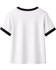 Ensemble de détente pour femmes blanc avec bordure contrastante noire, t-shirt à manches courtes et short, tenue deux pièces en coton mélangé doux et respirant - Product Image 2