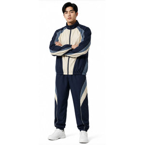 Survêtement pour homme bleu marine et beige, manches longues, fermeture éclair, respirant, sportif, vêtement d'automne, coupe régulière, coupe-vent - Product Image 4