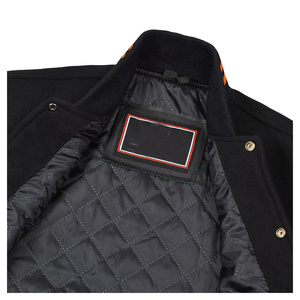 Low MOQ Casual Wear Wholesale Trending Custom Sport Bomber Letterman Jacket Mens Winter Coats Jackets Black and orange <b>Colour</b> - Product Image 4