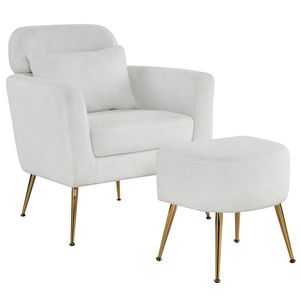 Poltrona singola beige in velluto con piedini dorati e poggiapiedi per interni - Product Image 2