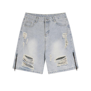 Shorts de mezclilla lavados de cintura media con botones, estilo casual de algodón tejido transpirable para hombre a precio económico. - Product Image 4
