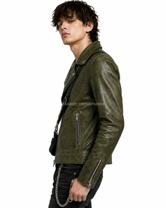 Chaqueta de Cuero Verde Oliva Personalizada al por Mayor para Hombre, Estilo Motero, con Gráfico de Medusa, Estampado Punk Rock, Chaqueta Moto con Medallón Grabado, Prenda Exterior - Product Image 4